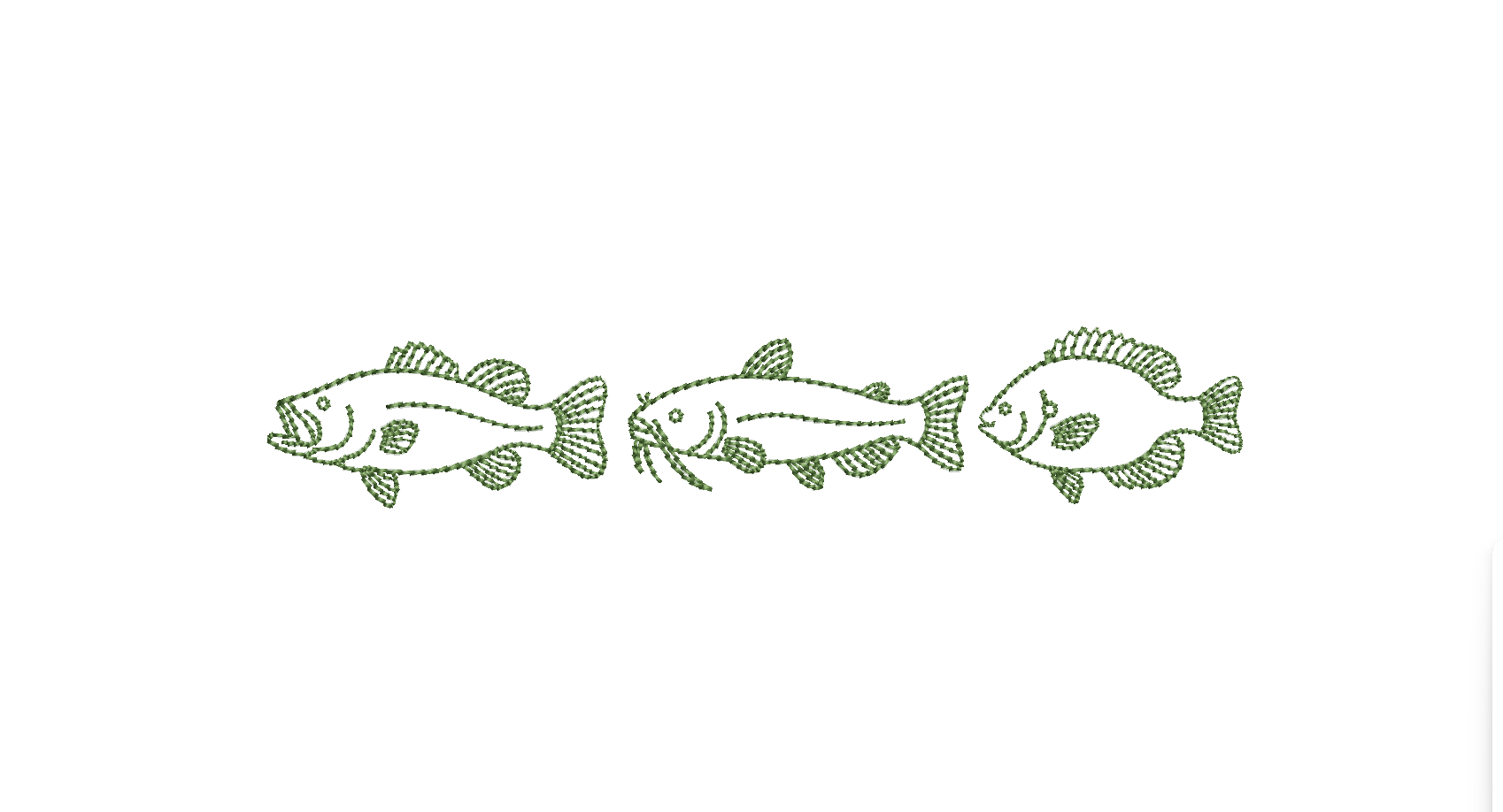 Fresh Water Fish Trio Bean Stitch (2 Versions) PES DST JEF ++ Machine Embroidery Design, 3 Sizes each, Instant Download. Catfish Bass