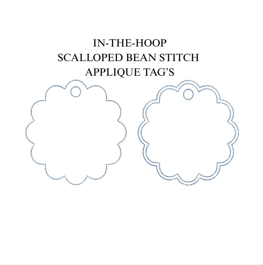 Scalloped Bean Stitch Circle Applique Bundle PES DST JEF ++ Machine Embroidery Design, 5 Sizes each, Ornament Bag Tag, Instant Download